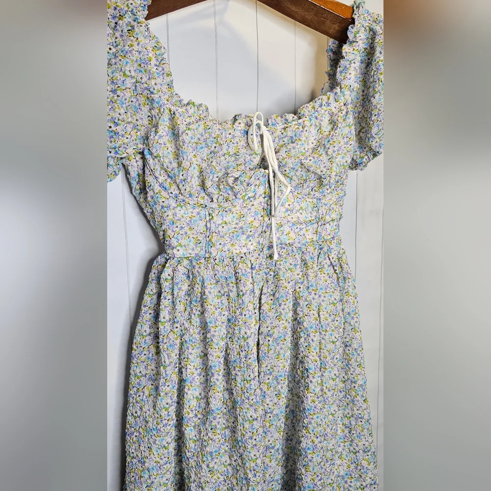 ASOS Love Triangle milk maid mini dress with open back in blue ditsy - Picture 11 of 11